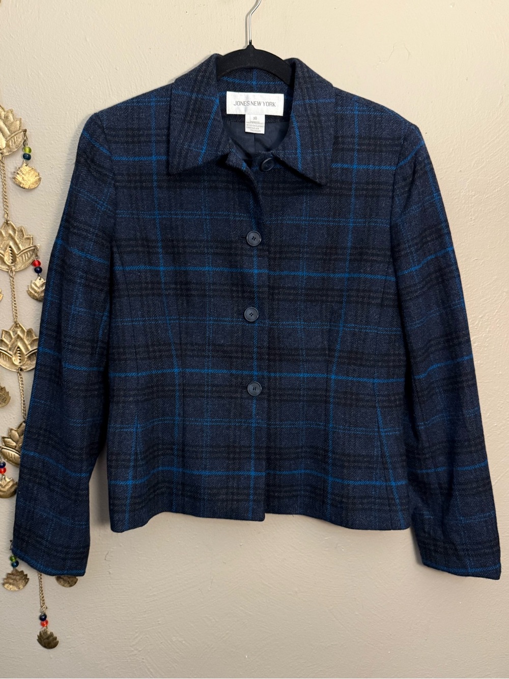 Vintage Jones New York size 10 Plaid Wool Cashmere Blazer Jacket Dark Gray Blue